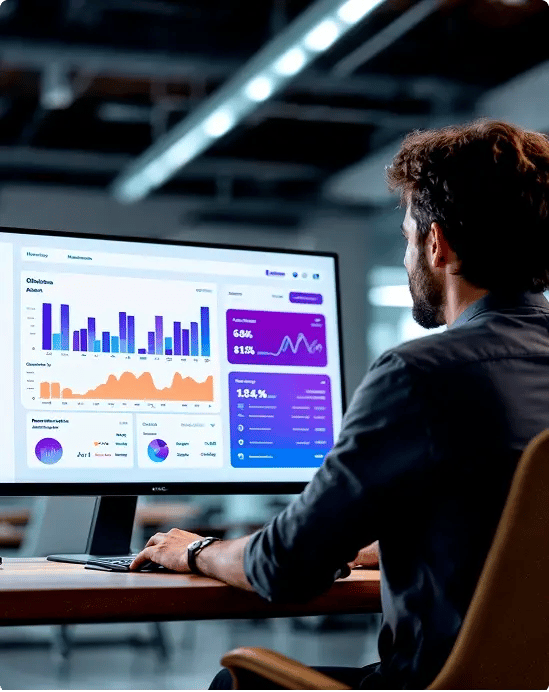 Data analytics professional reviewing performance dashboards on a large monitor